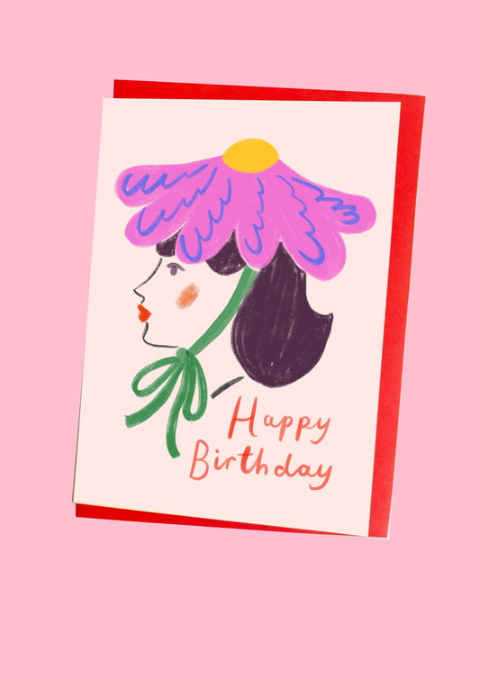 Flower Woman Happy Birthday Pink Card