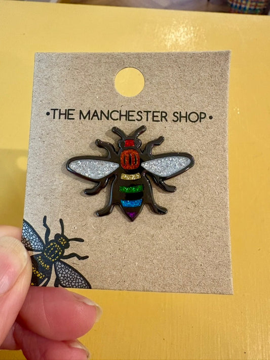 Glitter Rainbow Bee Pin Badge