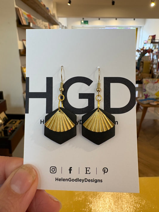 Black Polymer Clay & Brass Dangly Earrings