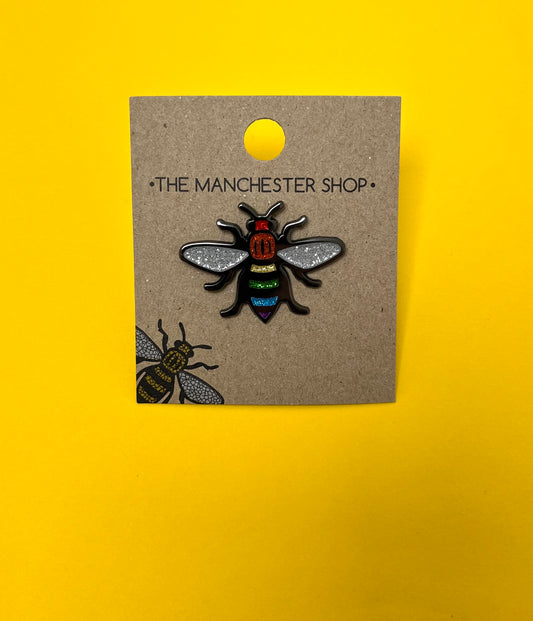 Glitter Rainbow Bee Pin Badge